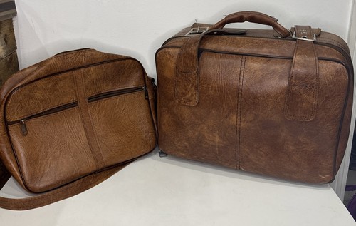 Brown leather vintage suitcase - brown,