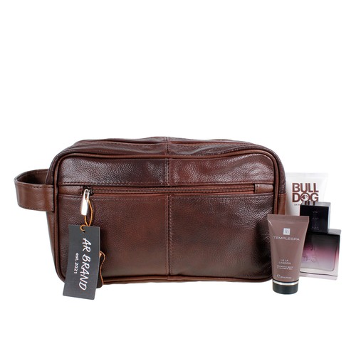 Large leather wash - bag, zipped