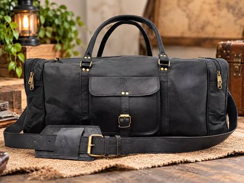 Black leather duffel bag - black, 24"